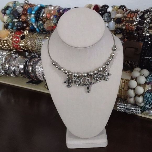 necklace Jewelry - 516 Women's Silver Beaded Hearts and Crosses Pendants Collar Necklace